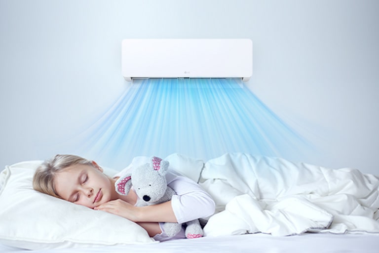  A person cuddles a stuffed animal under white blankets on a bed while an LG air conditioner emits blue cooling streams.