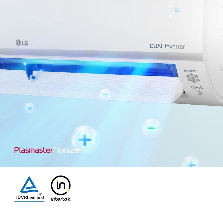 The exterior right side of the air purifier is shown. The LG logo is in the front center and the DUAL Inverter logo is shown on the right corner. Blue air and ions in bubbles breeze from the machine. Reads Plasmaster Ionizer in the bottom left corner. The TUV Rheinland logo and intertek logo are shown next to the image.