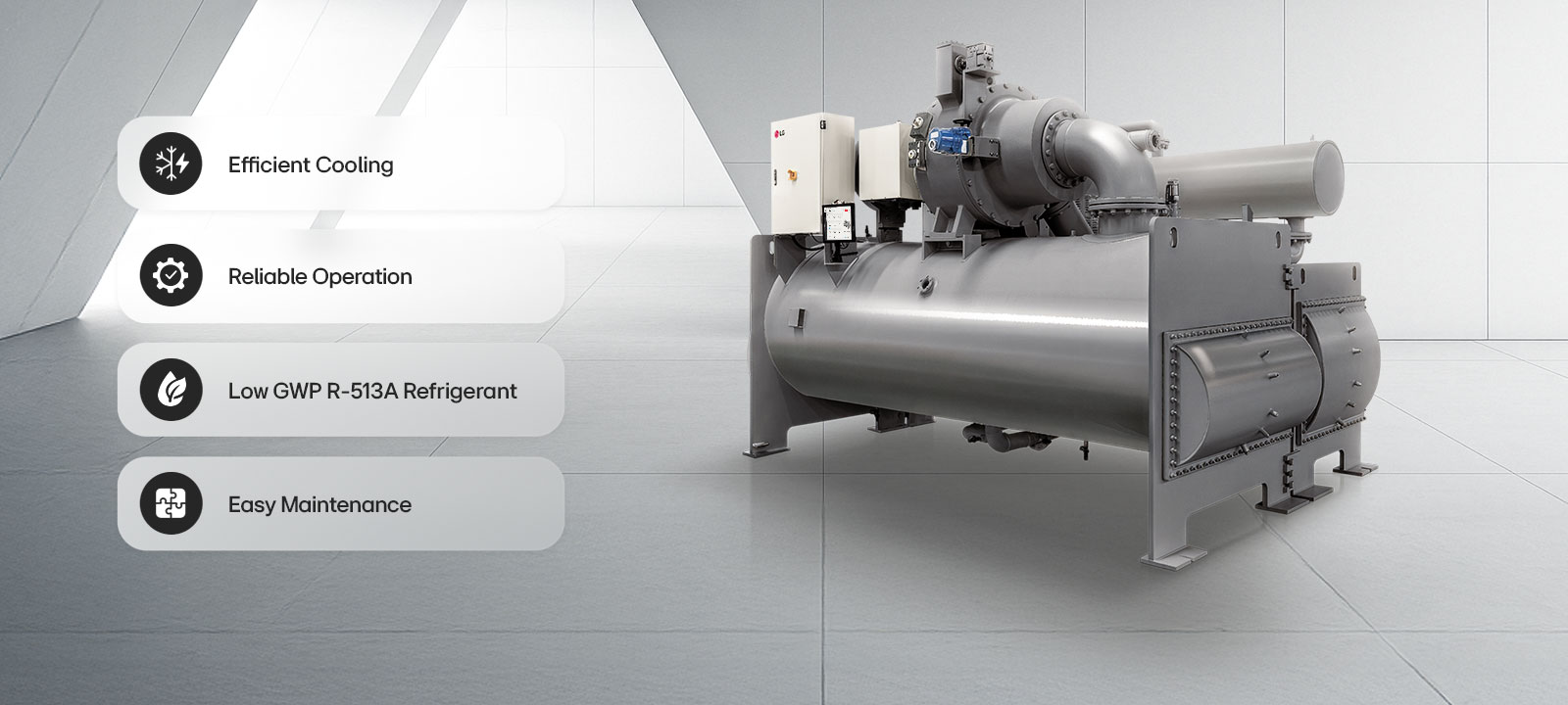LG Oil-free Centrifugal Chiller shown with USPs: Refrigerant, Efficient Cooling, Reliable Operation, and Flexible Solution.