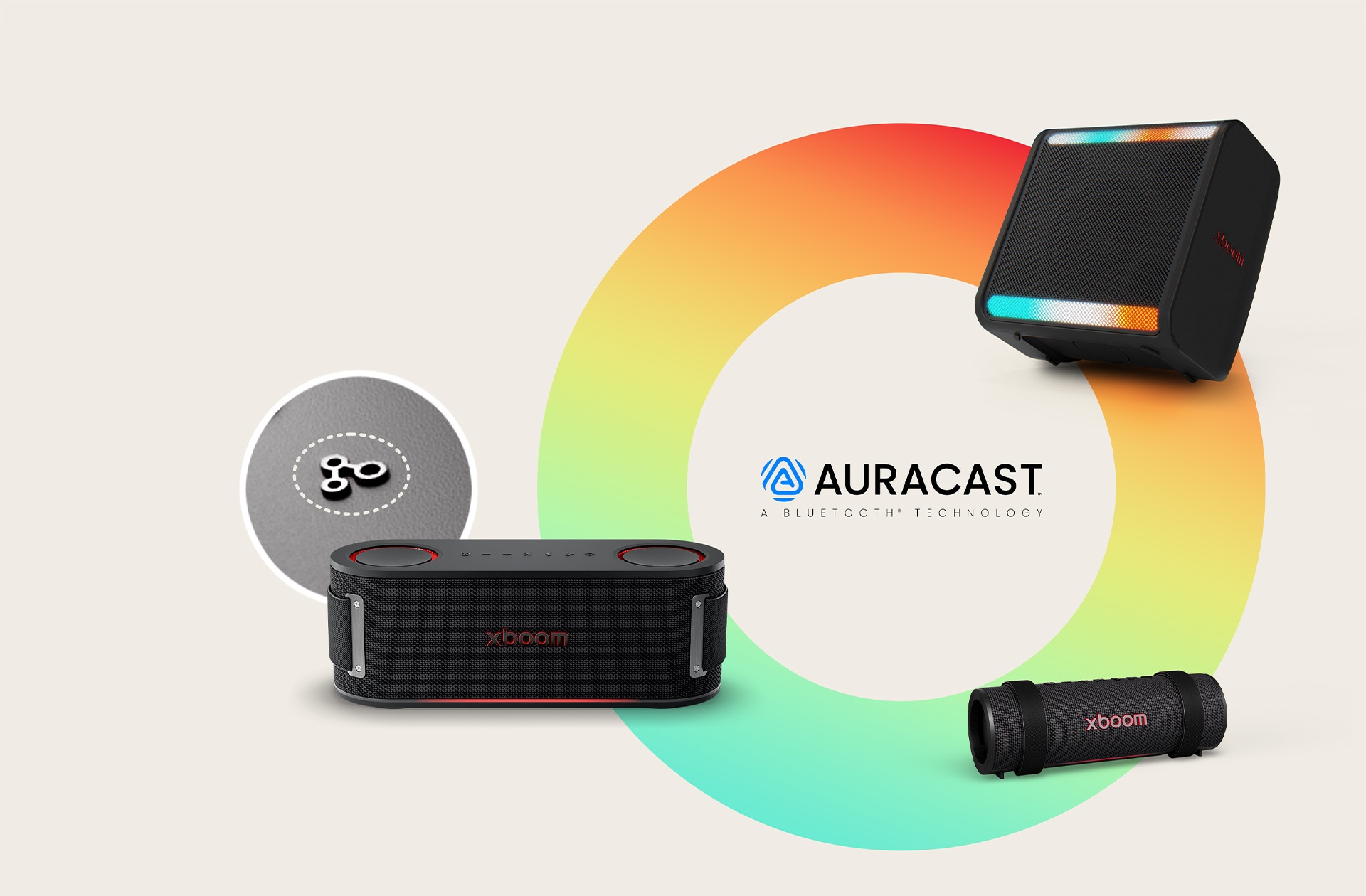 On a rainbow-colored circle xboom Stage 301, Grab and Bounce is placed in a clock-wise order. Next to the xboom Bounce its Auracast button's image is placed in a circle.