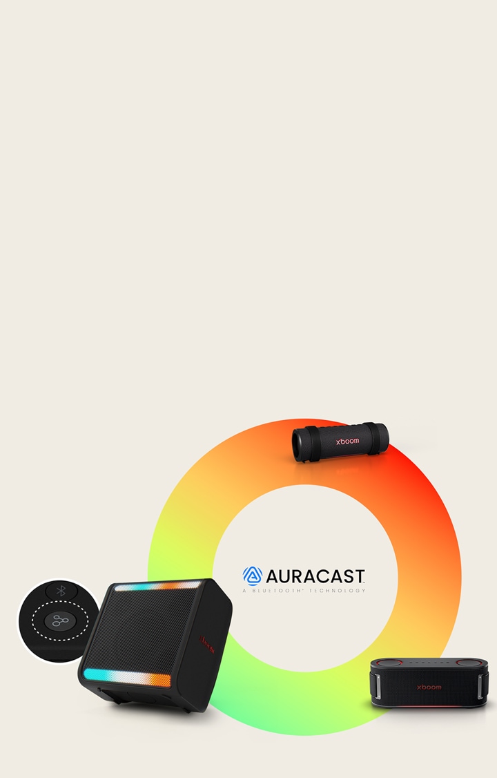 On a rainbow-colored circle xboom Grab, Bounce and Stage 301 are placed in a clock-wise order. Next to the xboom Stage 301 its Auracast button's image is placed in a circle.