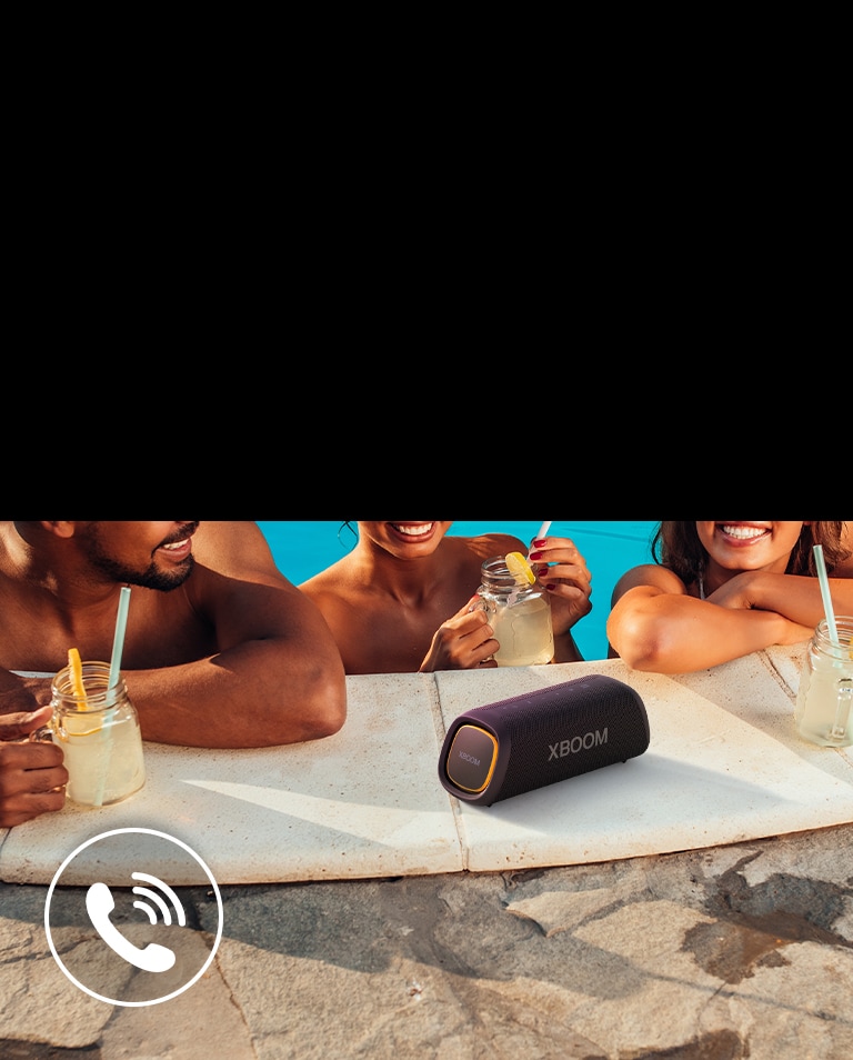 LG XBOOM Go XG5 is placed on the poolside. Three people are talking through the speaker in the pool.