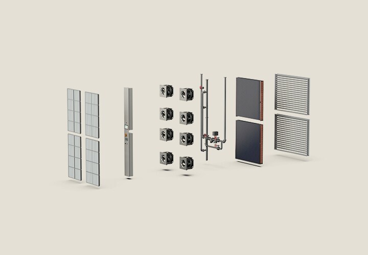 Exploded view of LG’s CRAH (FWU) unit showing modular components including fan blades, filters, and coils.