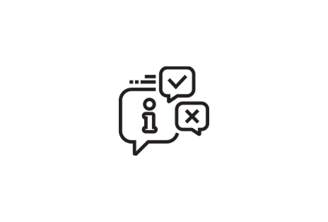 Three word bubbles, each outlined in black, contain different marks, an exclamation, a question, and a check, respectively.