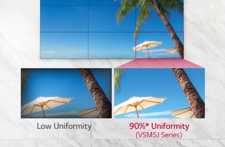 Low Uniformity Screen projects a darkening vignette on the corners of its bezel, whereas VSM5J series is able to display a balanced projection of colors.
