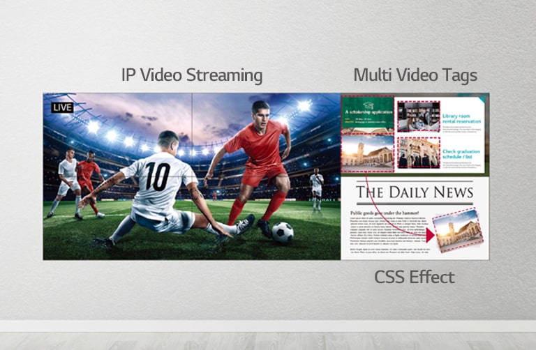 One side of the video wall is live streaming a soccer game, while the other side of the screen is utilizing CSS effects to add more content.