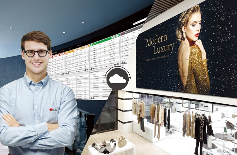 The LG employee is remotely monitoring the VSM5J series installed in a different place by using cloud-based LG monitoring solution.