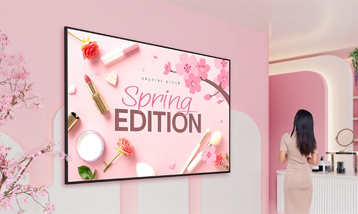 In the cosmetic shop, the UH5N-M is mounted on the wall, and its slim design and uniform bezel seamlessly blend with the interior.	