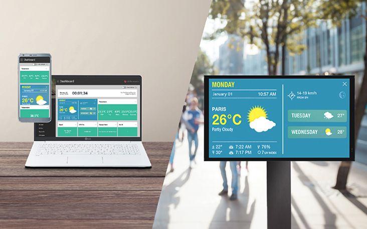 Users can monitor and control their displays through a mobile phone and laptop.