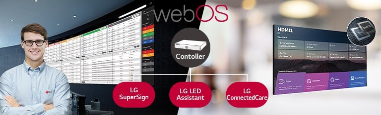 The LG employee is remotely monitoring the GSEH series installed in a different place by using a cloud-based LG monitoring solution.  System controller with webOS enables GSEH series to be compatible with LG software solutions.
