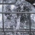  Water sprays over sparkling dishes on the top and bottom racks inside a stainless steel dishwasher.