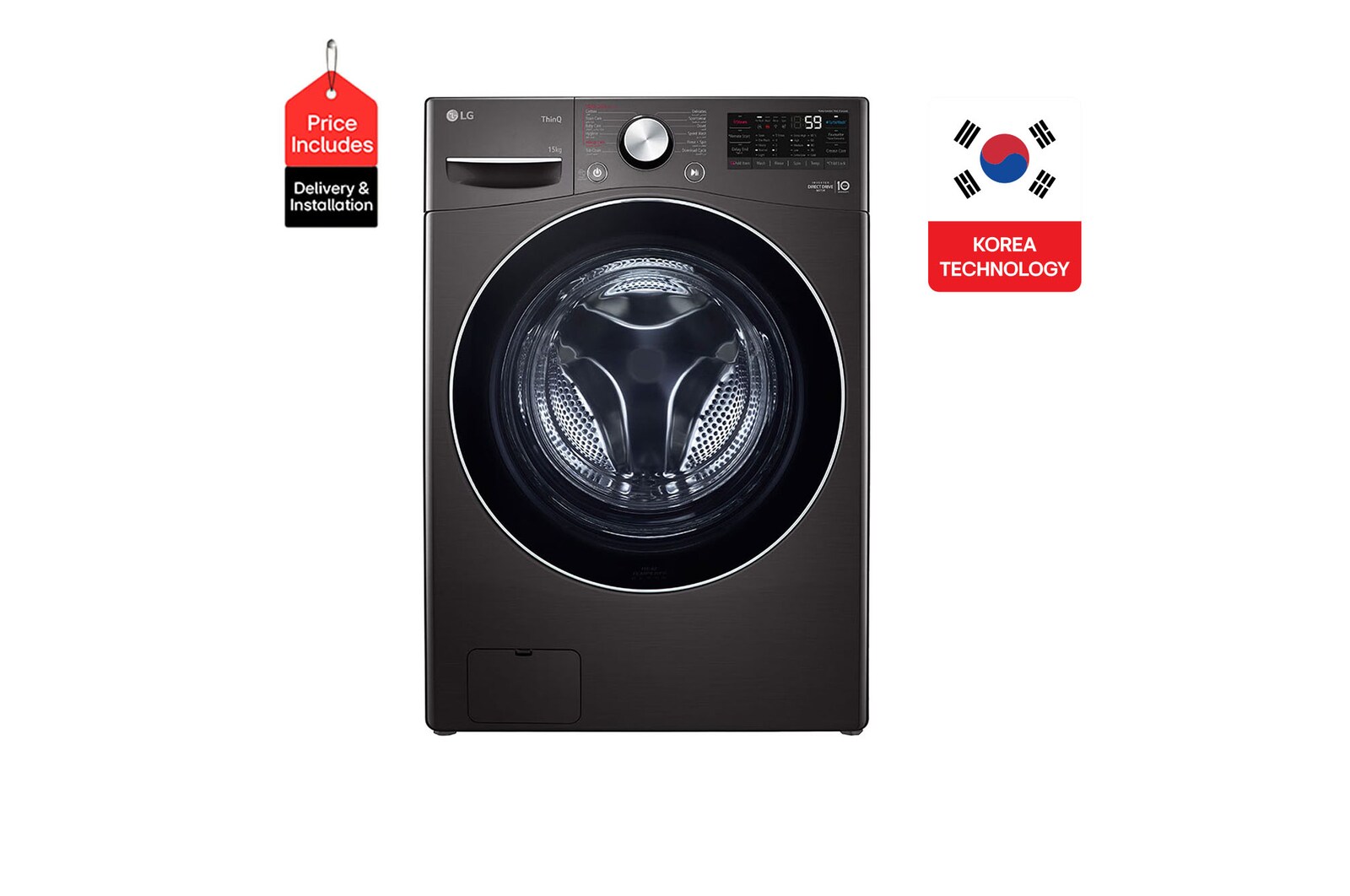 Front view of 15 kg Front load washing machine with AI DD™, Black steel ,Bigger capacity in same size,SmartThinQ™ (Wi-Fi), Tempered Glass Door. F0L9DYP2E
