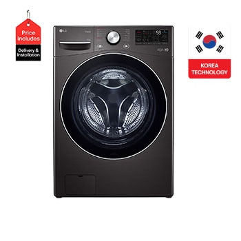 Front view of 15 kg Front load washing machine with AI DD™, Black steel ,Bigger capacity in same size,SmartThinQ™ (Wi-Fi), Tempered Glass Door. F0L9DYP2E