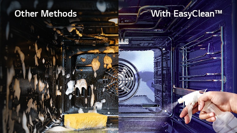 Left side shows a soapy oven with a sponge, right side shows a clean oven with a hand using EasyClean spray.