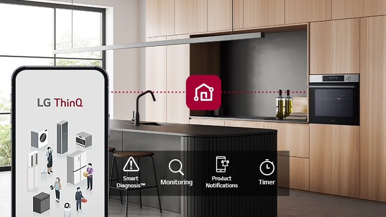 Modern kitchen with wooden cabinets, black oven, and LG ThinQ app on a smartphone for smart home control.