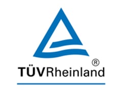  Blue triangular TÜV Rheinland logo with two horizontal blue lines underneath, on a white background.