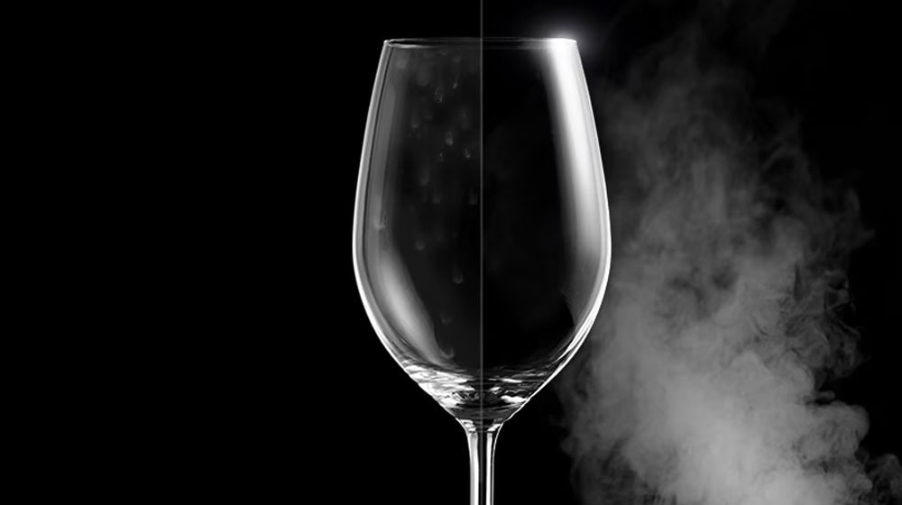 A wine glass with water spots on one side, and clear and pristine on the other after steam washing.