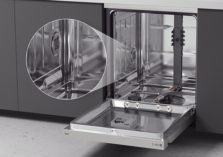 A dishwasher is installed in the kitchen, and the interior full stainless steel material is well visible.
