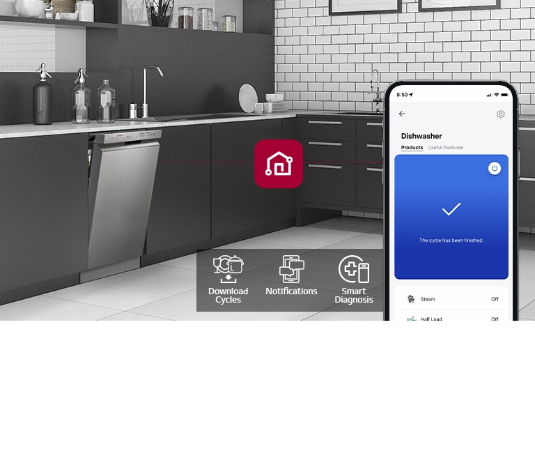 A smartphone displays LG ThinQ™ in a kitchen along with 3 app features: Download Cycles, Notifications, and Smart Diagnosis.