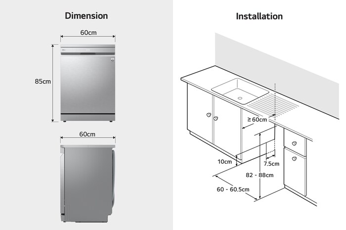 LG dishwasher with 60x60x85cm size and installation space guide
