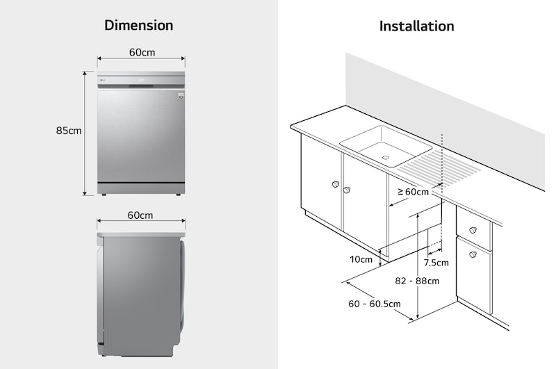 LG dishwasher with 60x60x85cm size and installation space guide