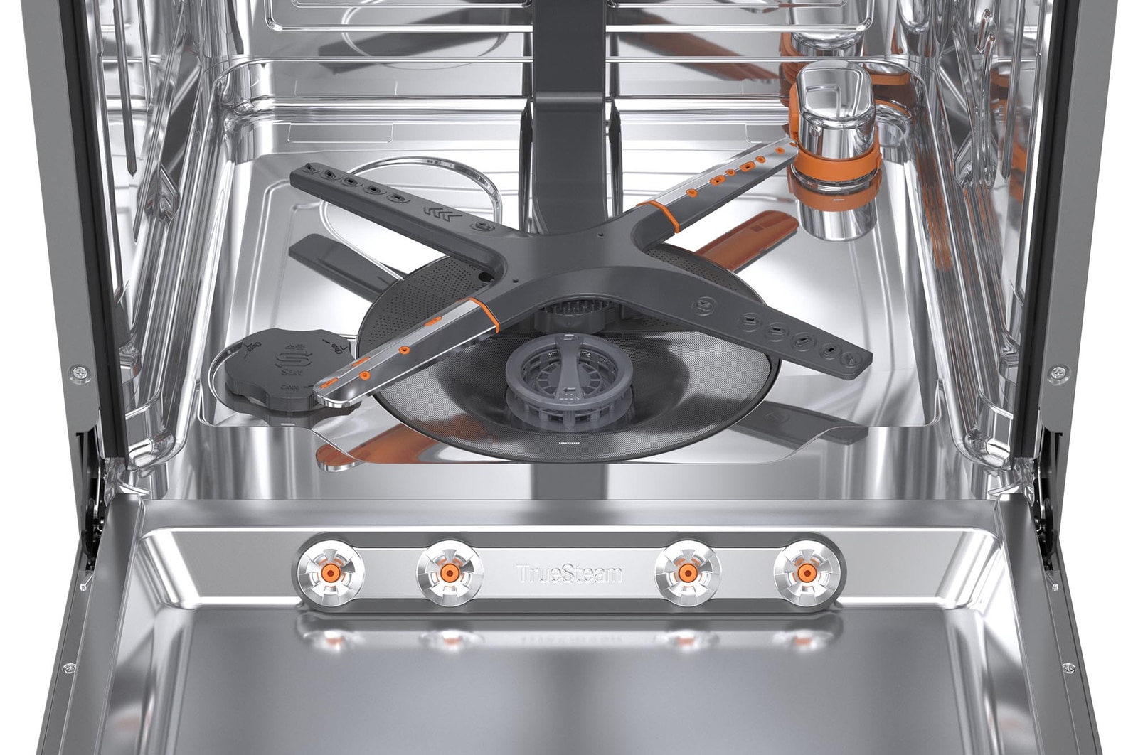 Interior view of LG dishwasher with full stainless steel tub and spray arms
