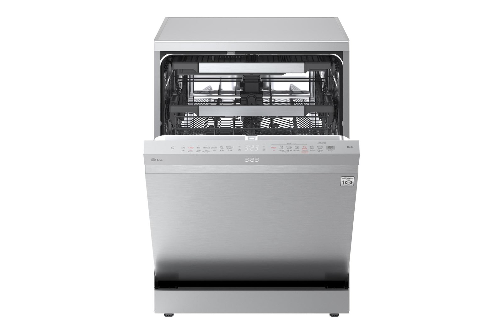 Front view of LG dishwasher with door open, showing interior racks and control panel