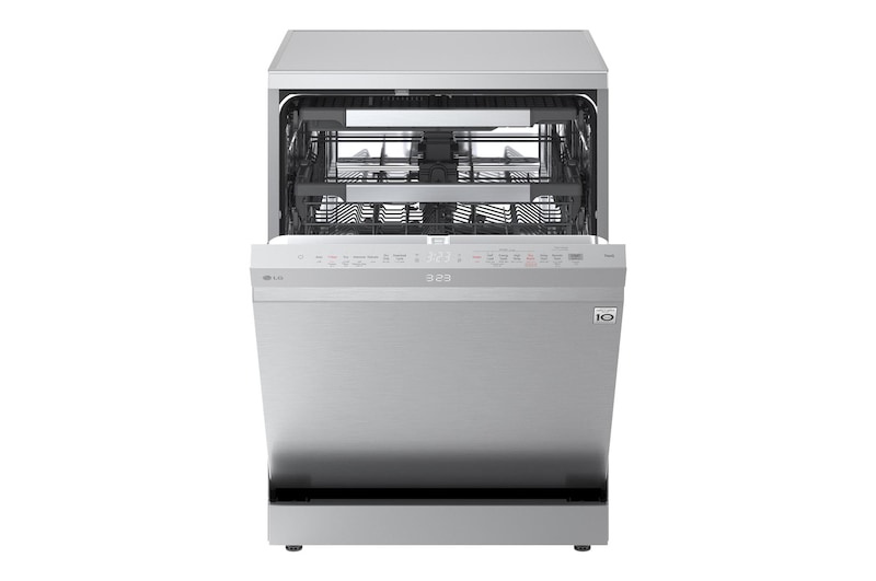 Front view of LG dishwasher with door open, showing interior racks and control panel