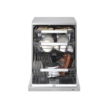 Front view of LG dishwasher loaded with dishes on three adjustable racks