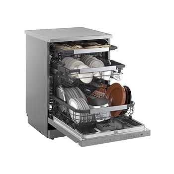 Angled view of LG dishwasher with three open racks fully loaded with dishes