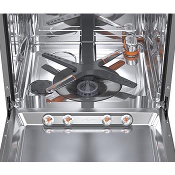Interior view of LG dishwasher with full stainless steel tub and spray arms