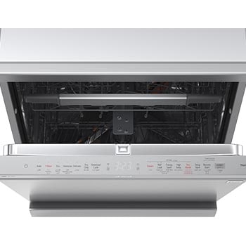 Top view of LG dishwasher with open door showing upper rack and control panel