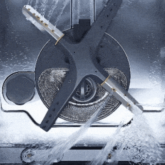 Dishwasher sprayer arms demonstrating QuadWash multi-directional cleaning.	