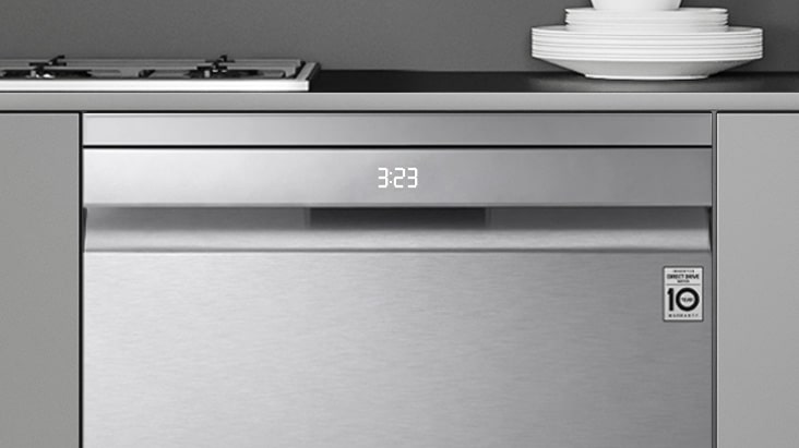 Front view of dishwasher showing a digital clock on the display panel	