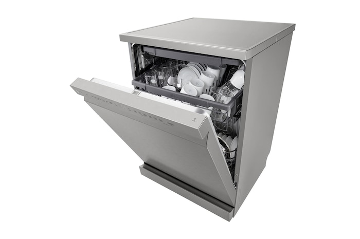 Angled view of LG dishwasher with three open racks fully loaded with dishes
