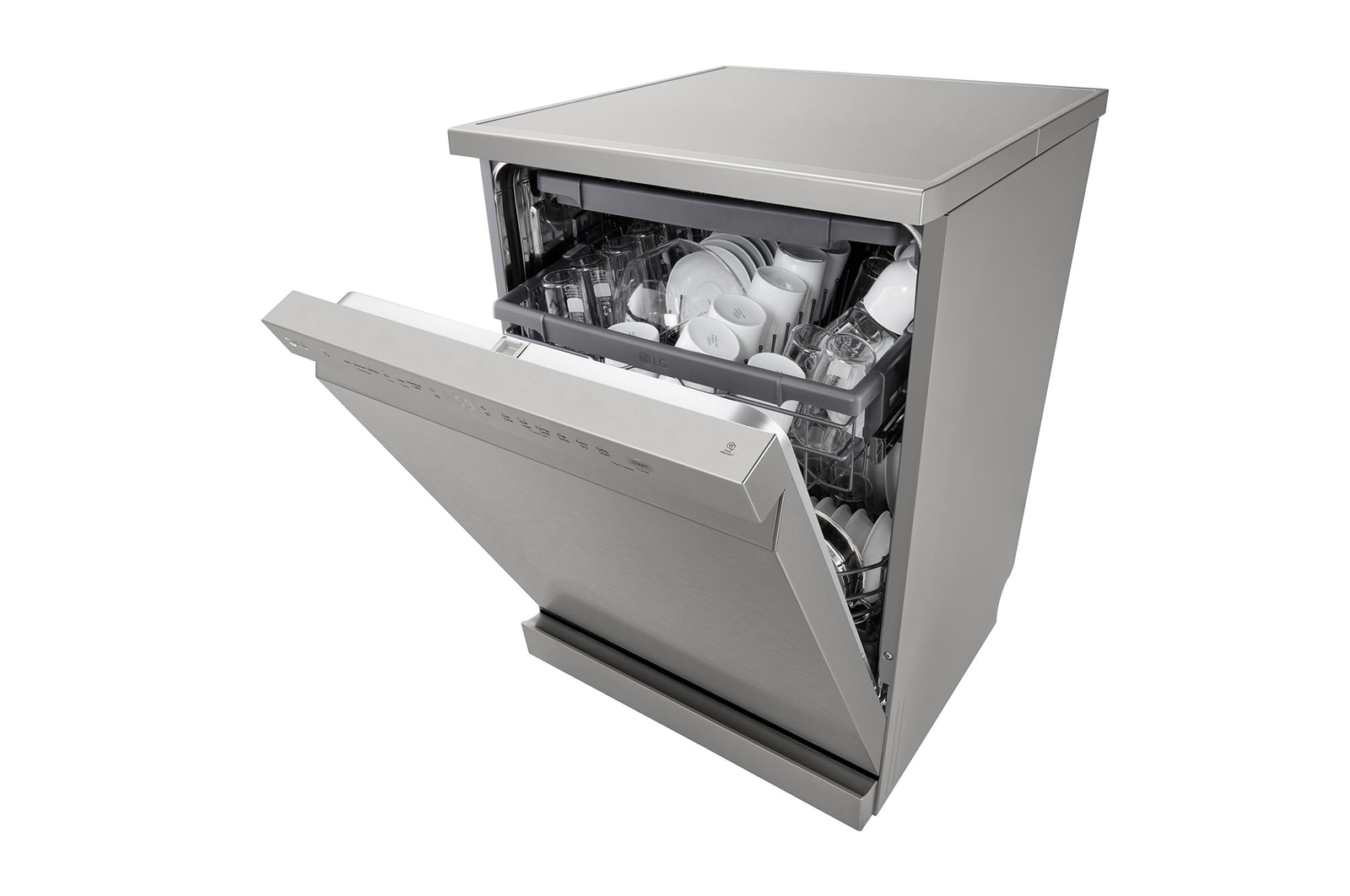 Angled view of LG dishwasher with three open racks fully loaded with dishes