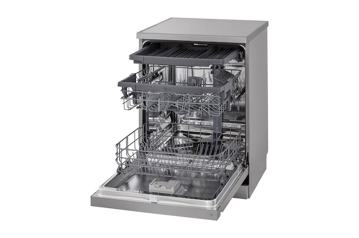 Interior view of LG dishwasher with full stainless steel tub and spray arms