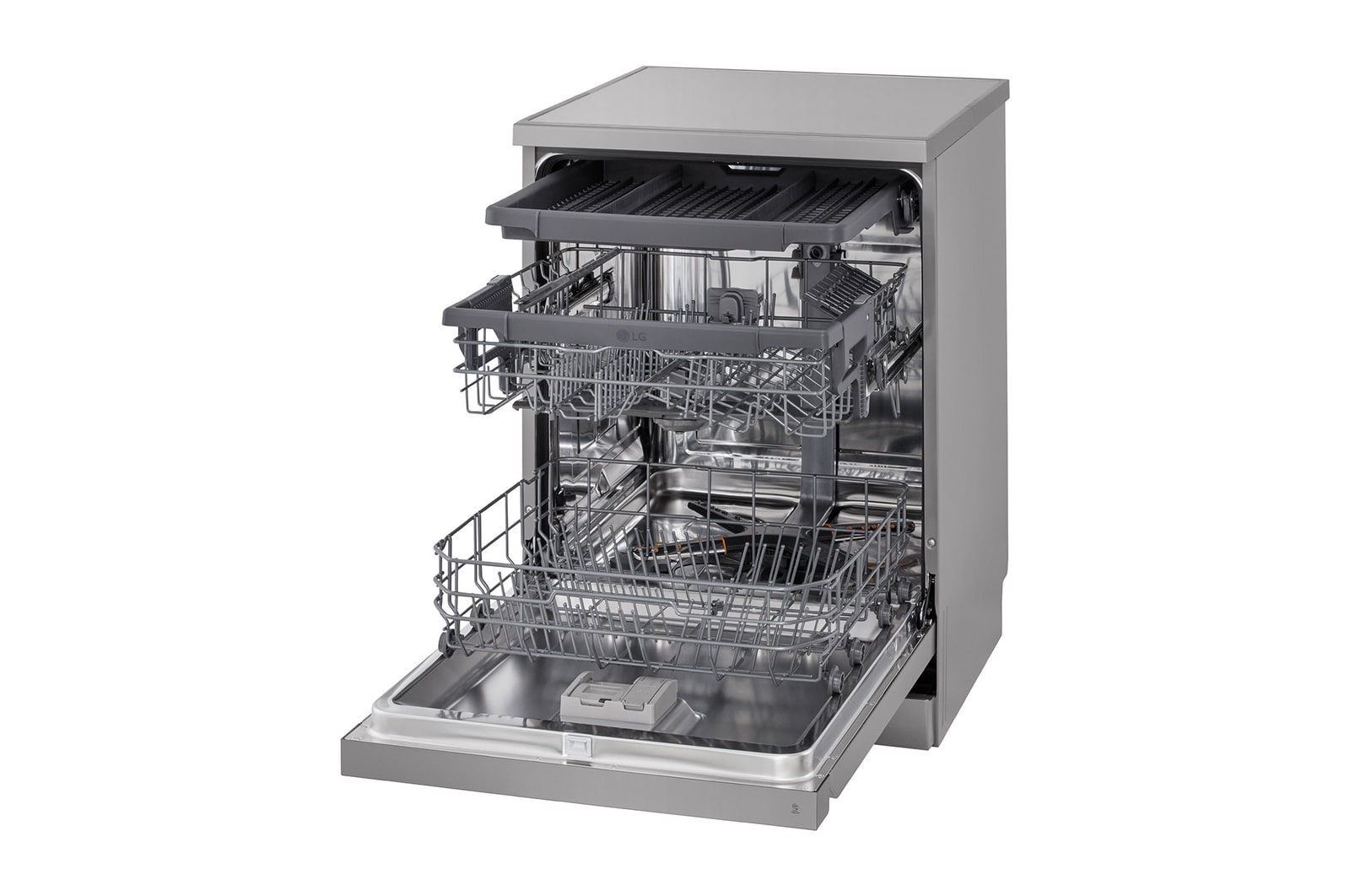 Interior view of LG dishwasher with full stainless steel tub and spray arms
