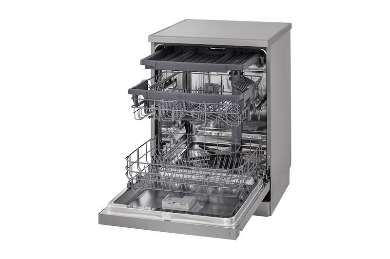 Interior view of LG dishwasher with full stainless steel tub and spray arms