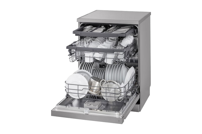 Top view of LG dishwasher with open door showing upper rack and control panel