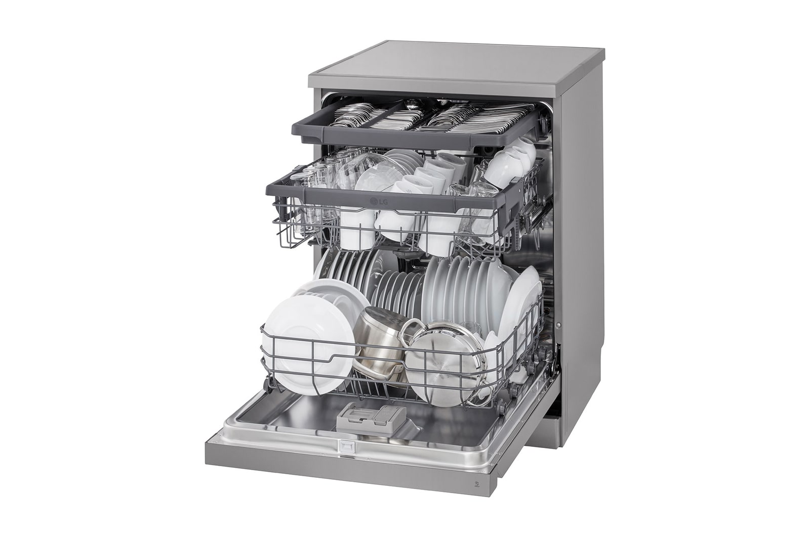 Top view of LG dishwasher with open door showing upper rack and control panel