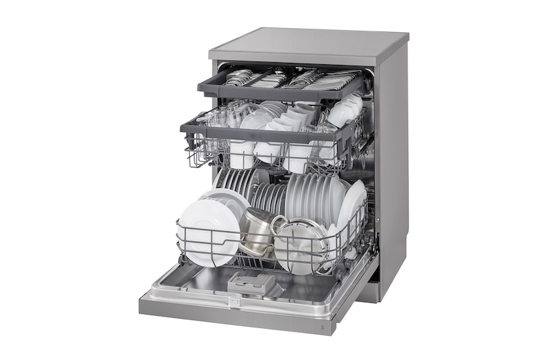 Top view of LG dishwasher with open door showing upper rack and control panel