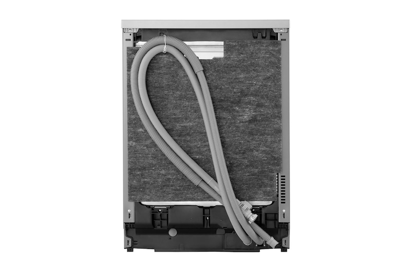 Angled front view of closed LG dishwasher with stainless steel finish