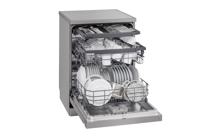 Front view of LG dishwasher loaded with dishes on three adjustable racks