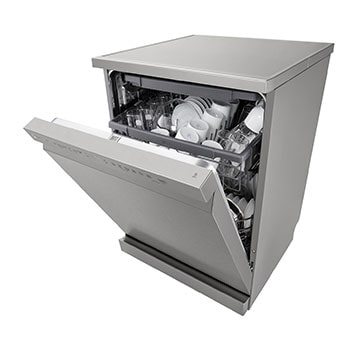 Angled view of LG dishwasher with three open racks fully loaded with dishes