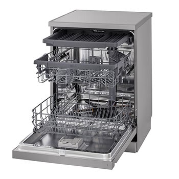 Interior view of LG dishwasher with full stainless steel tub and spray arms