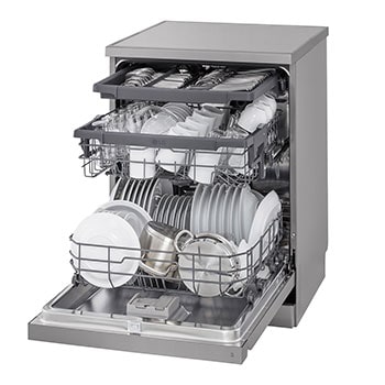 Top view of LG dishwasher with open door showing upper rack and control panel