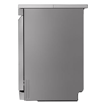 Front view of LG dishwasher with door open, showing interior racks and control panel