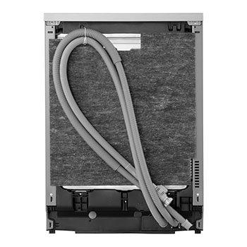 Angled front view of closed LG dishwasher with stainless steel finish