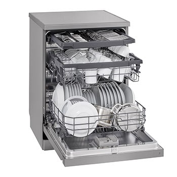 Front view of LG dishwasher loaded with dishes on three adjustable racks